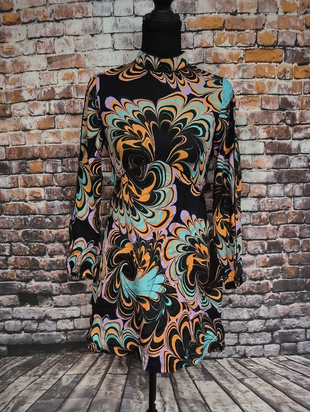 Untitled In Motion Black Long-Sleeve Mini Dress with Teal, Orange & Lavender